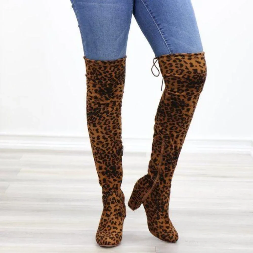 Suede Leopard Thigh High Heeled Boots - Picture 13 of 15